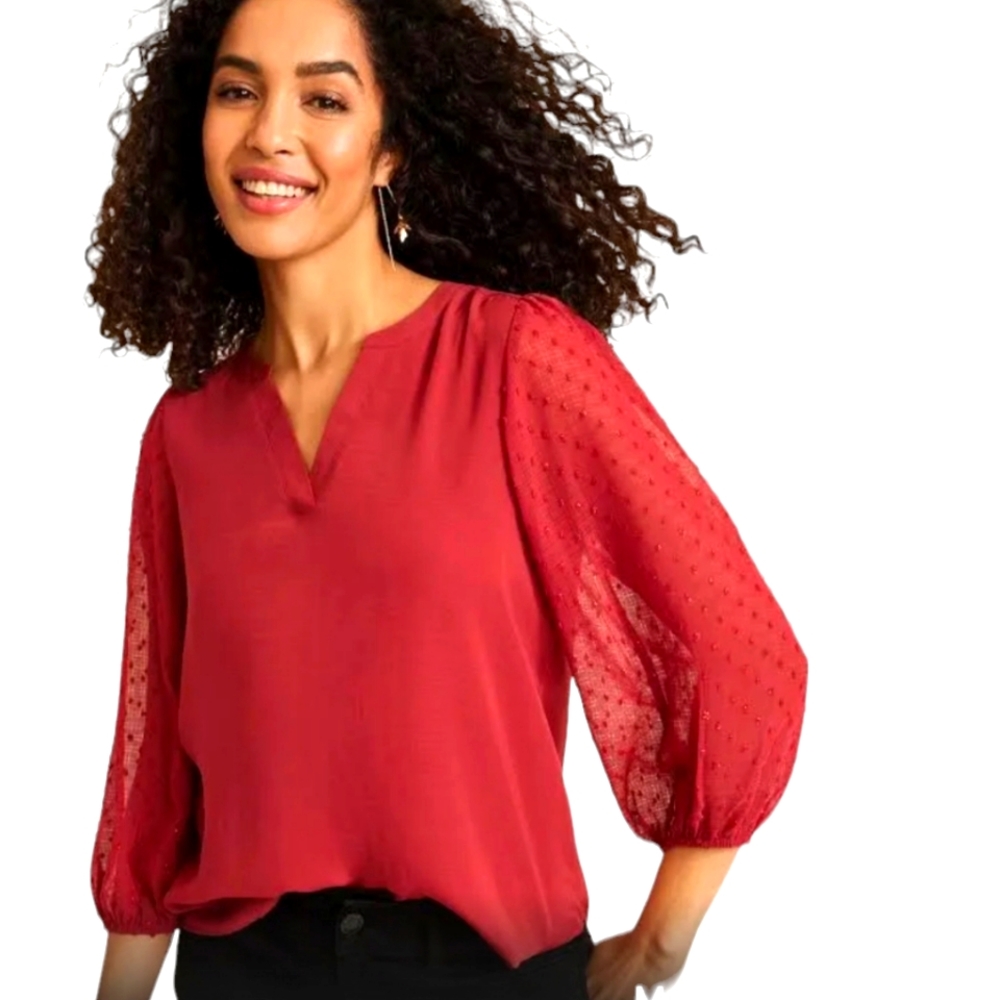 Maurices Atwood V-Neck 3/4 Clip Dot Sleeve Blouse Small